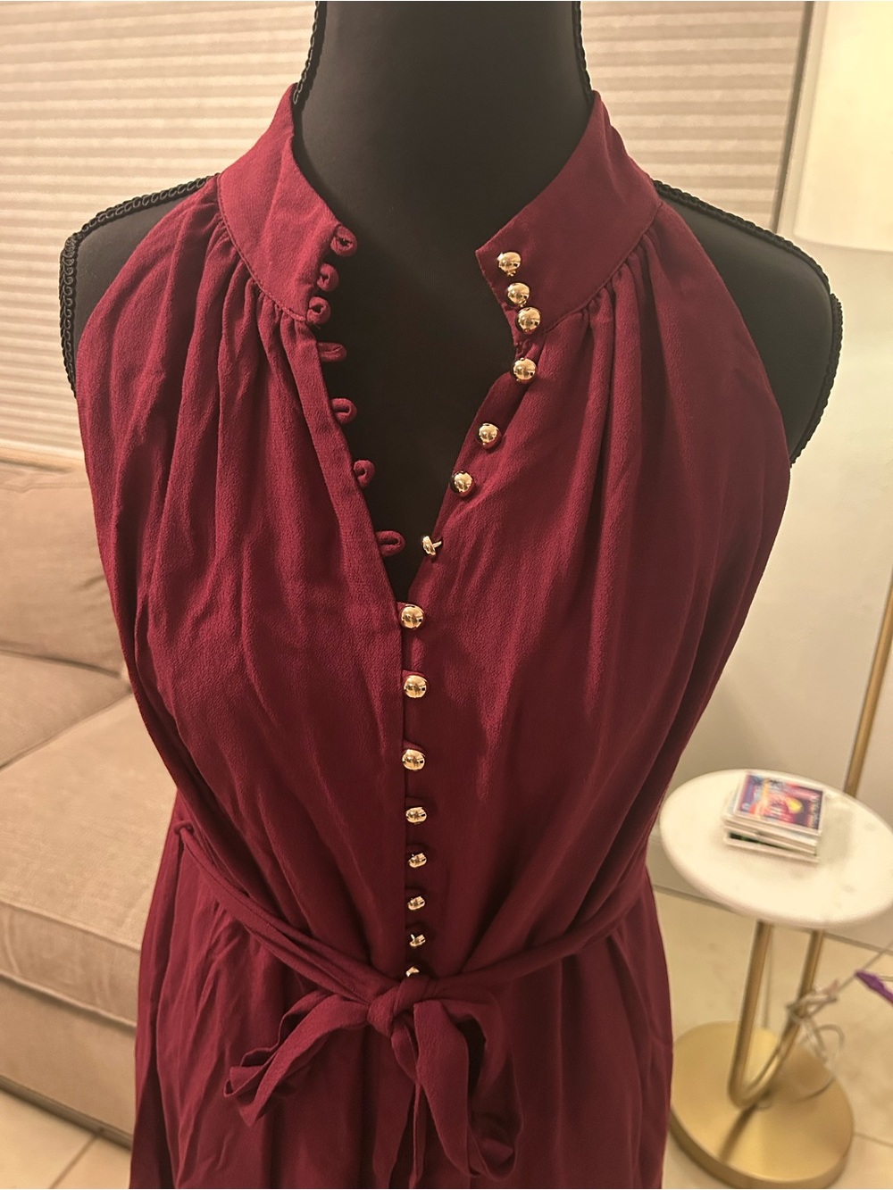 Greylin Sleeveless Button Up Halter Maxi Dress in Burgundy - Picture 3 of 10